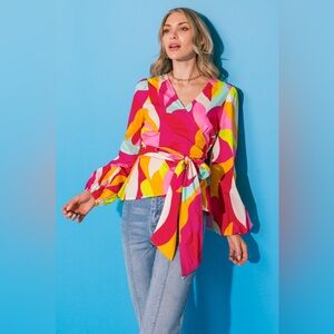 Flying Tomato Pink & Yellow Wrap Blouse with Tie Waist